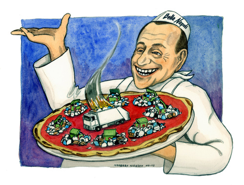 Cartoon: Bella Napoli (medium) by Niessen tagged naples,napoli,pizza,spazzatura,garbage,berlusconi